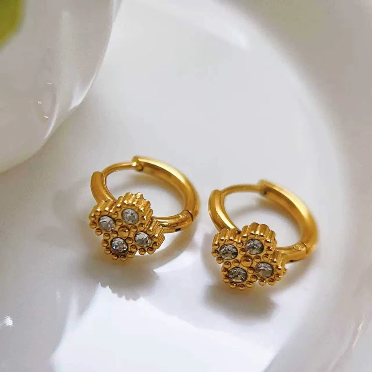 Crystal Rhinestone Clover Hoop Earrings