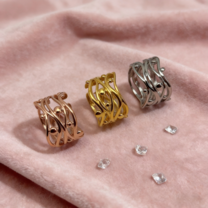 Wavy Multi-Strand Ball Accent Open Ring – 18K PVD Gold Plated Stainless Steel