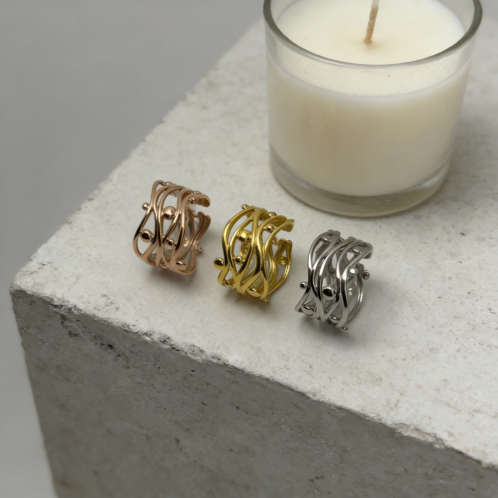Wavy Multi-Strand Ball Accent Open Ring – 18K PVD Gold Plated Stainless Steel