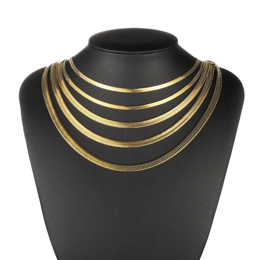 Gold Stainless Steel Flat Herringbone Snake Chain Necklace | 3mm & 5mm | Men & Women