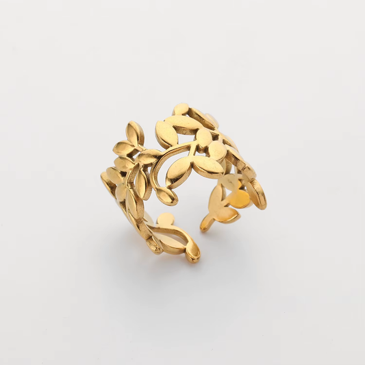 Gold Hollow Leaf Crown Open Ring – 18K Gold Plated Stainless Steel Adjustable Ring