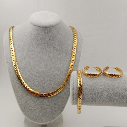 Gold Cuban Chain Necklace, Bracelet & Hoop Earring Set – Stainless Steel Jewelry