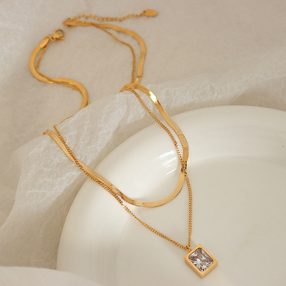 Double-Layer Snake Chain Cubic Zircon Pendant Necklace