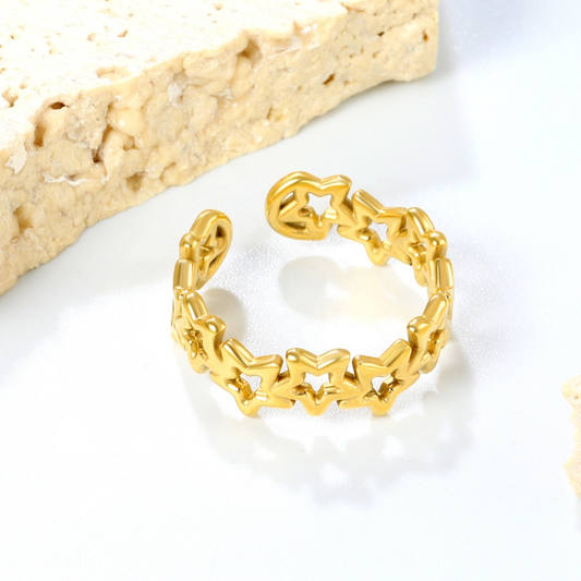 18K Gold Plated Hollow Star Chain Open Ring | Adjustable Stainless Steel | Women