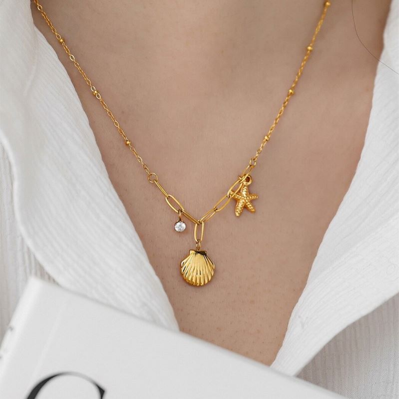 18K Gold Plated Shell & Starfish Charm Necklace | Waterproof Stainless Steel | Women