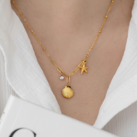 18K Gold Plated Shell & Starfish Charm Necklace | Waterproof Stainless Steel | Women