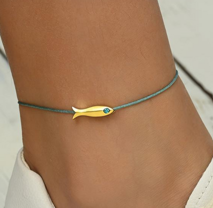 Gold Fish Charm Adjustable String Anklet – Boho Beach Jewelry