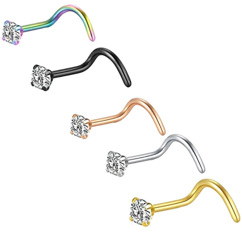Crystal Zircon Nose Stud – Stainless Steel Screw & L-Shaped Nose Piercing
