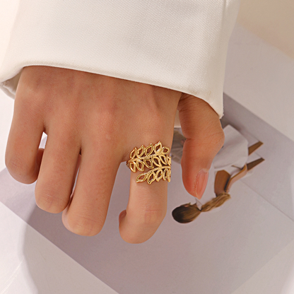 Gold Hollow Leaf Branch Open Ring – 18K Gold Plated Stainless Steel Adjustable Ring