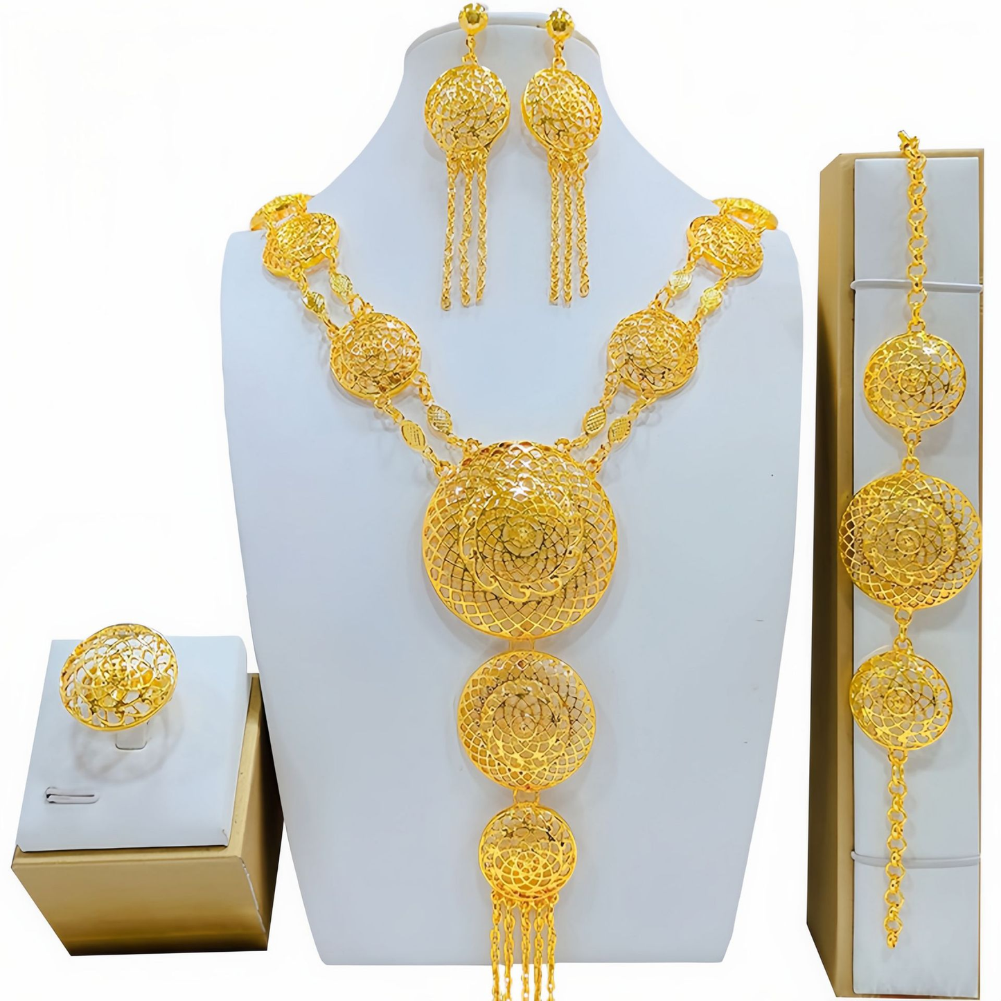 African Hollow Flower 4-Piece Gold Plated Jewelry Set – Necklace, Earrings, Bracelet & Ring