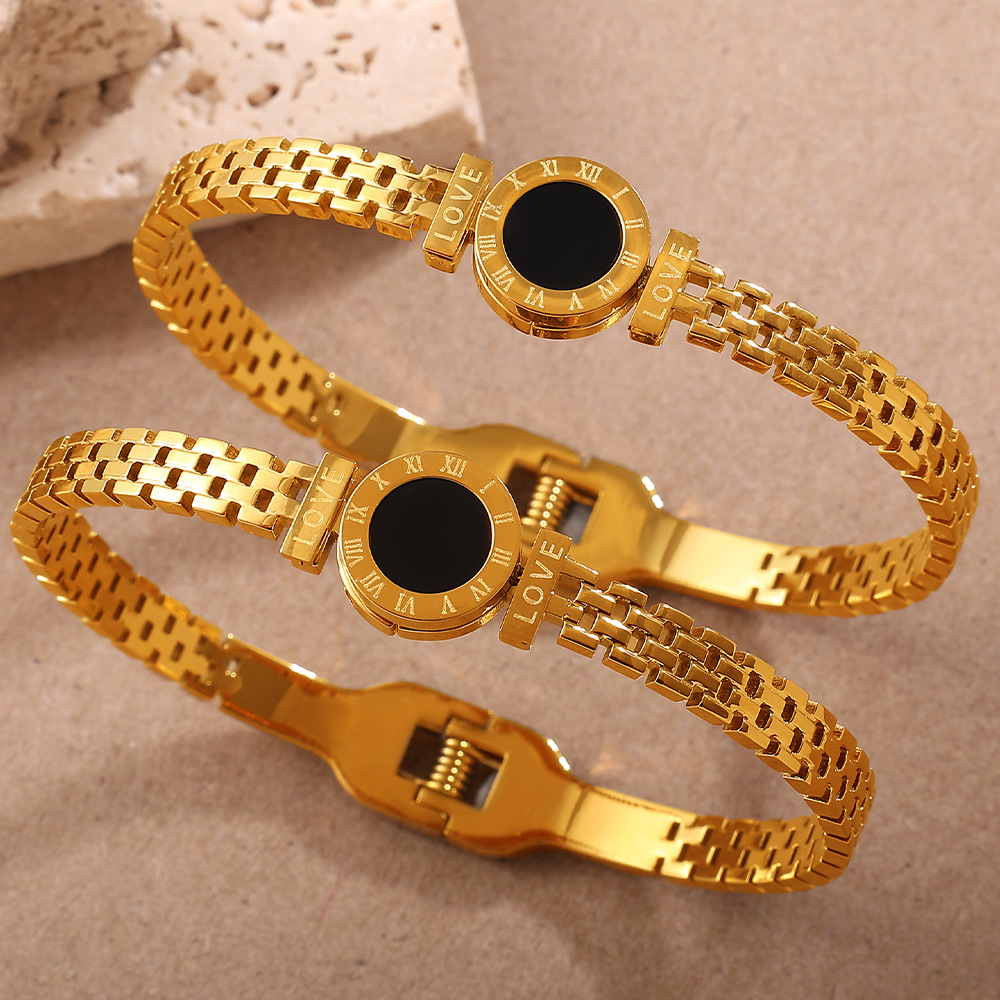 Gold Roman Numeral Black Stone Cuff Bangle – Unisex Love Bracelet
