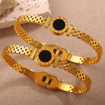 Gold Roman Numeral Black Stone Cuff Bangle – Unisex Love Bracelet