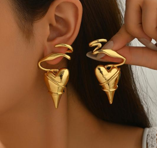 Gold Spiral Heart Drop Stud Earrings