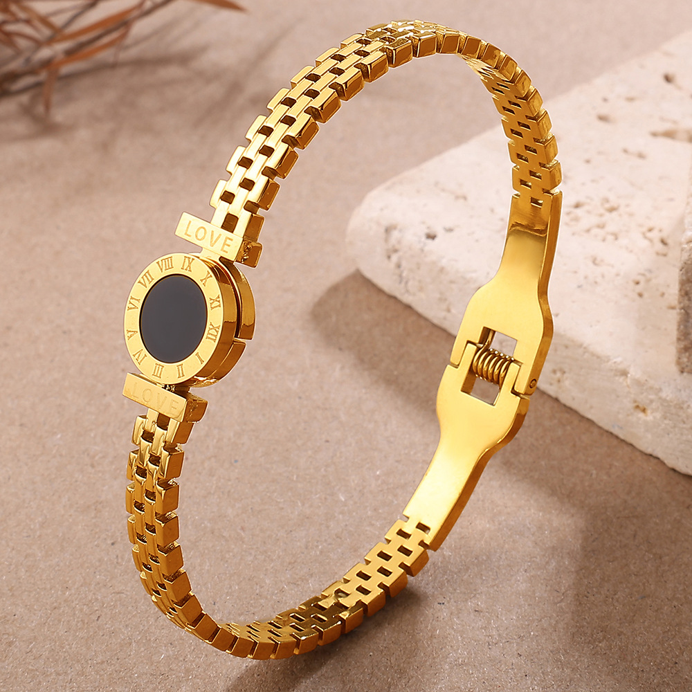 Gold Roman Numeral Black Stone Cuff Bangle – Unisex Love Bracelet