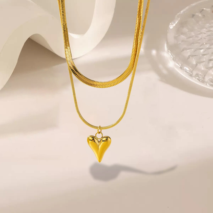Double Layer Heart Pendant Necklace – 18K Gold Plated Snake Chain
