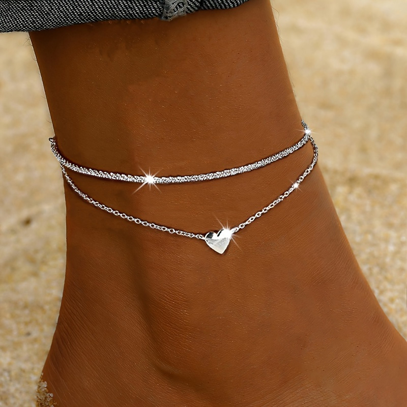 Bohemian Double Layer Heart Charm Anklet – Silver Plated Hypoallergenic