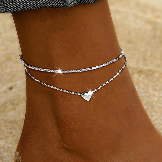Bohemian Double Layer Heart Charm Anklet – Silver Plated Hypoallergenic