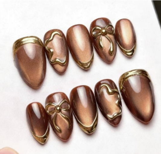 Chocolate Gold Bow Press-On Nails – Luxury Almond Shape False Nails