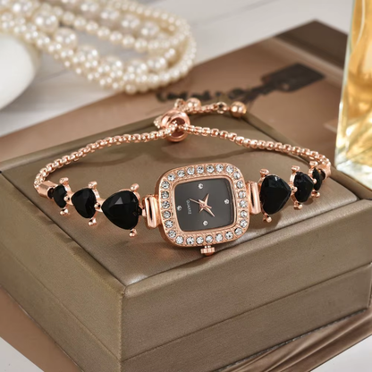 Fashion Rectangle Quartz Wrist Watch for Women – Luxury Heart Rhinestone Crystal Bracelet