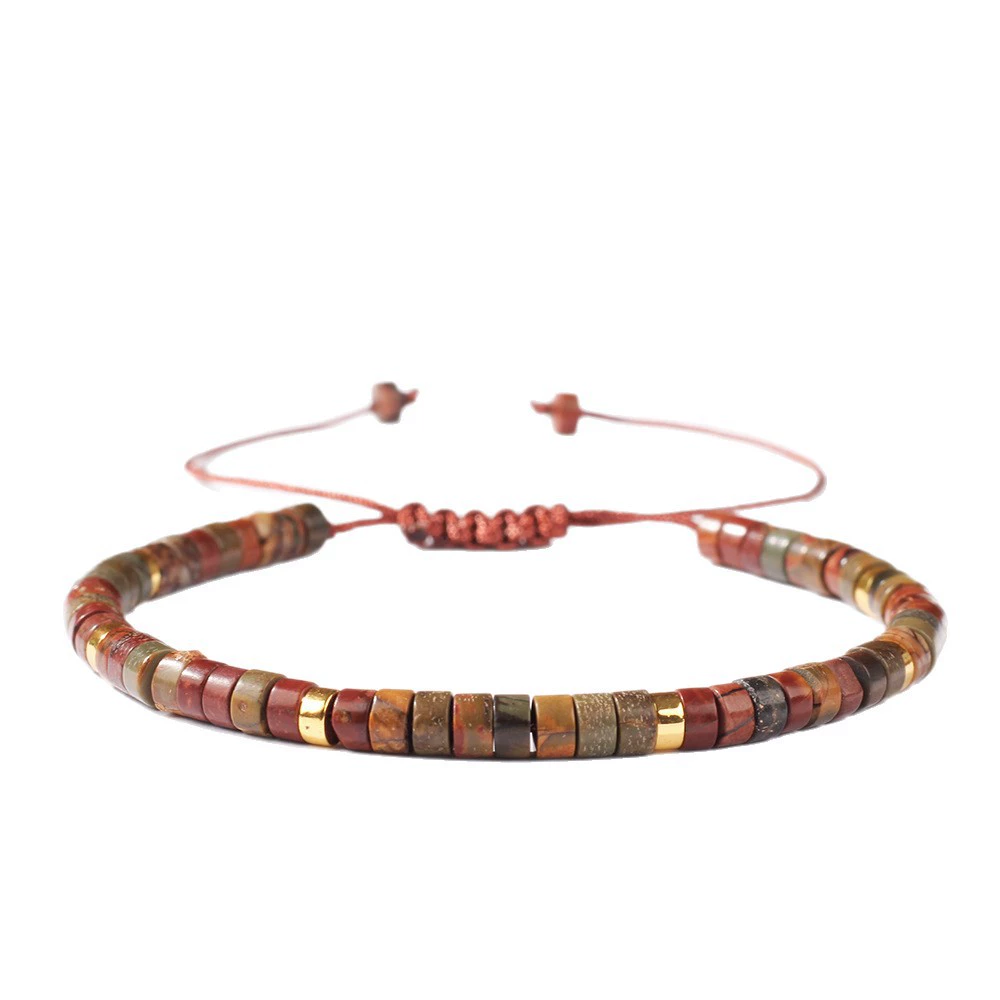 Red Jasper Heishi Bead Adjustable Bracelet – Handmade Gold Accent Natural Stone