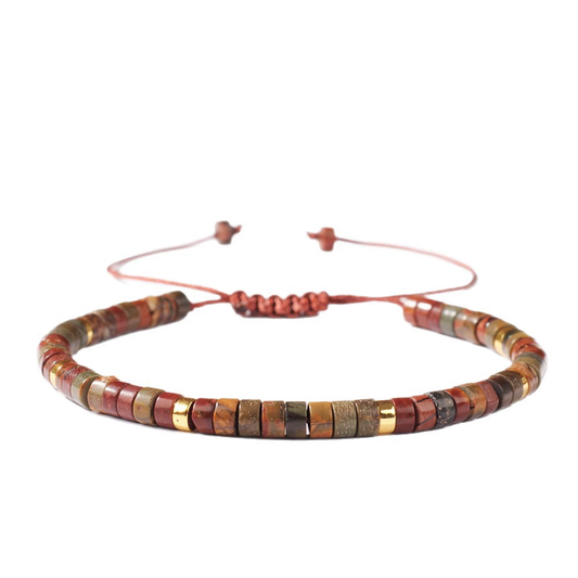 Red Jasper Heishi Bead Adjustable Bracelet – Handmade Gold Accent Natural Stone
