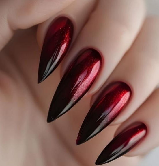Red Black Ombré Cat Eye Stiletto Press-On Nails – Chrome Metallic False Nails