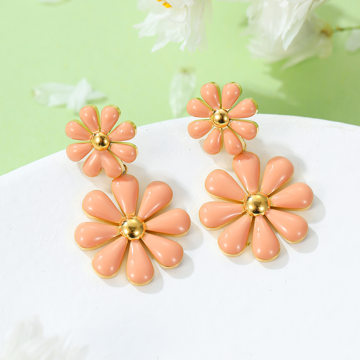 Double Daisy Flower Drop Earrings – Peach & Gold