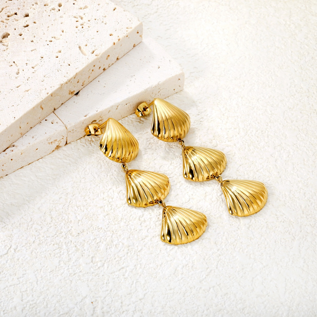 Triple Shell Drop Earrings – 18K Gold Plated