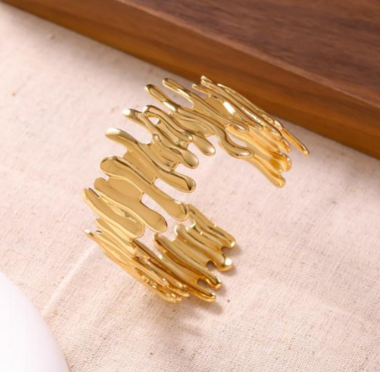 Gold Molten Textured Cuff Bangle – Artisan Hammered Open Bracelet