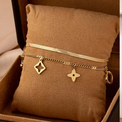 Layered Snake Chain Bracelet with Star & Clover Charms | 18K Gold Plated Stainless Steel
