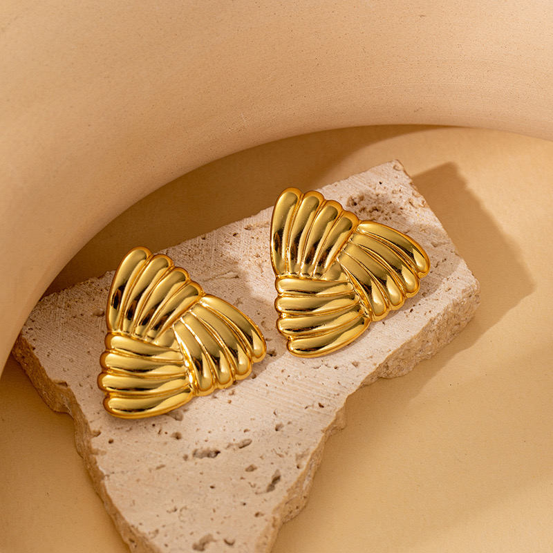18K Gold Plated Geometric Ribbed Triangle Stud Earrings
