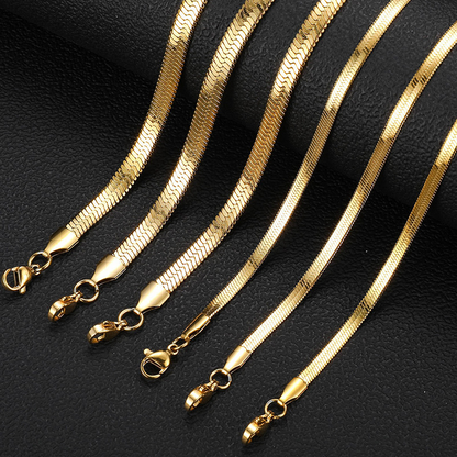 Gold Stainless Steel Flat Herringbone Snake Chain Necklace | 3mm & 5mm | Men & Women