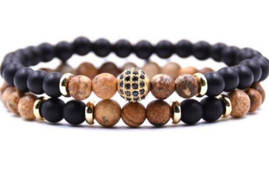 Matte Onyx & Jasper Stone Bead Bracelet Set – Gold CZ Ball Unisex Stack