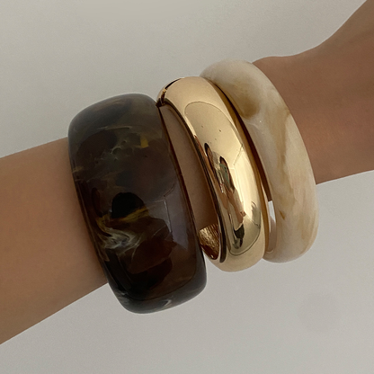 Chunky Wide Resin & Metal Bangle Set – 18K Gold Plated