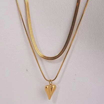 Double Layer Heart Pendant Necklace – 18K Gold Plated Snake Chain