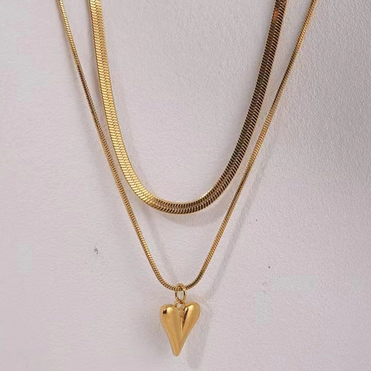 Double Layer Heart Pendant Necklace – 18K Gold Plated Snake Chain