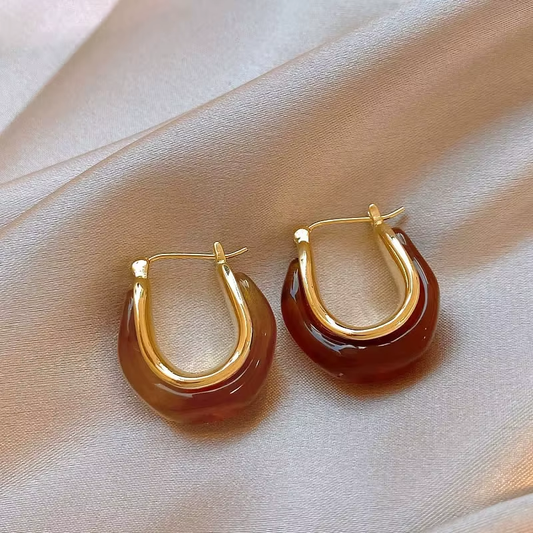 Korean Vintage Two-Tone Amber Resin & Gold Chunky Hoop Earrings