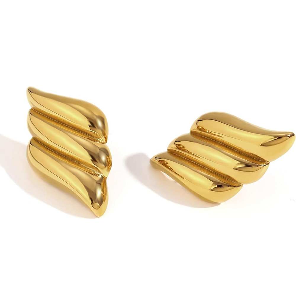 Gold Ridged Wing Stud Earrings