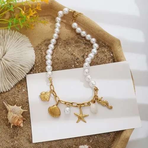 Pearl & Gold Ocean Charm Necklace