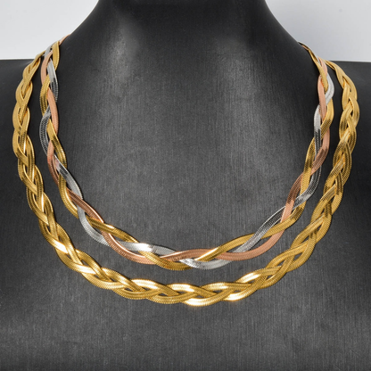 18K Gold Plated Stainless Steel Braided Herringbone Chain Necklace for Women
