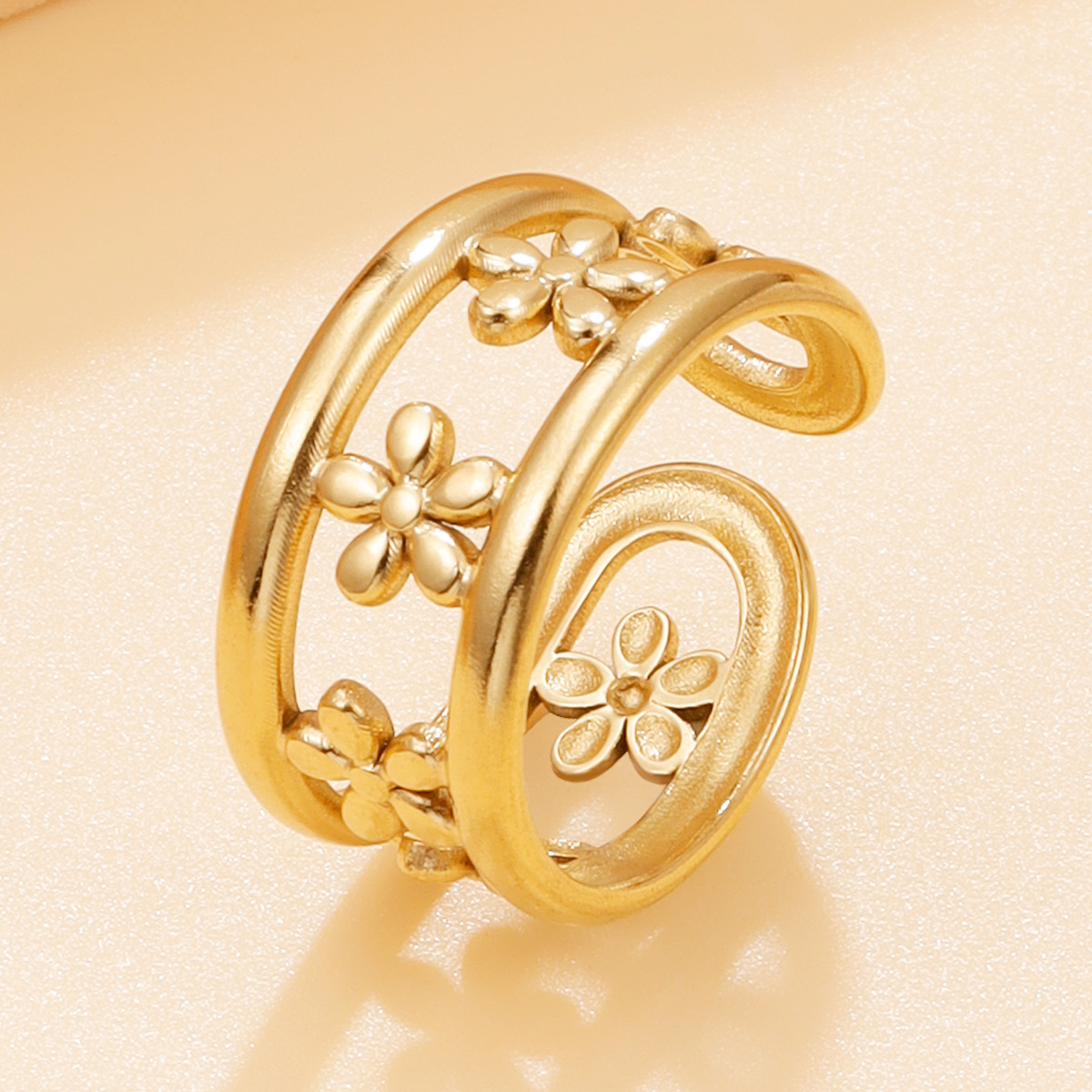 Gold Spiral Daisy Flower Open Ring – 18K Gold Plated Stainless Steel Adjustable Ring