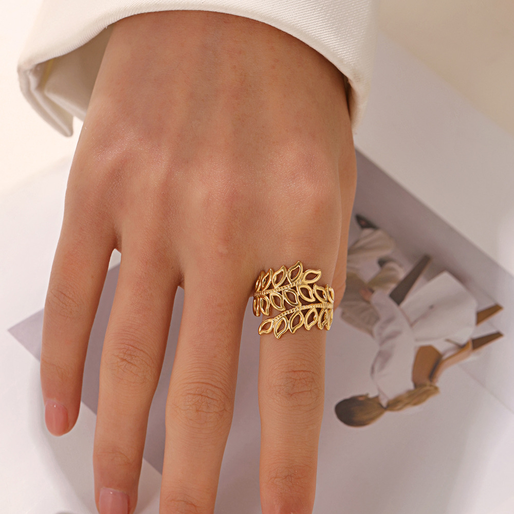 Gold Hollow Leaf Branch Open Ring – 18K Gold Plated Stainless Steel Adjustable Ring
