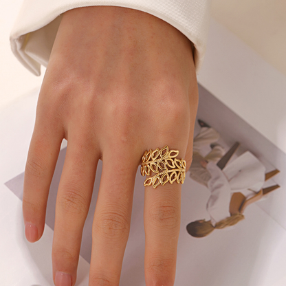 Gold Hollow Leaf Branch Open Ring – 18K Gold Plated Stainless Steel Adjustable Ring