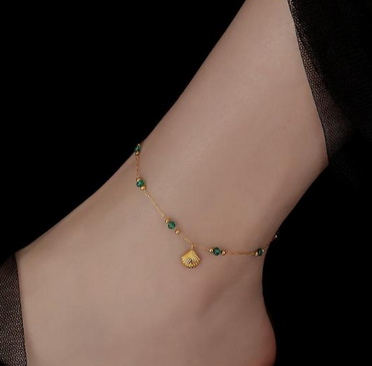 Green Crystal Bead & Shell Charm Anklet – Titanium Steel Gold Plated