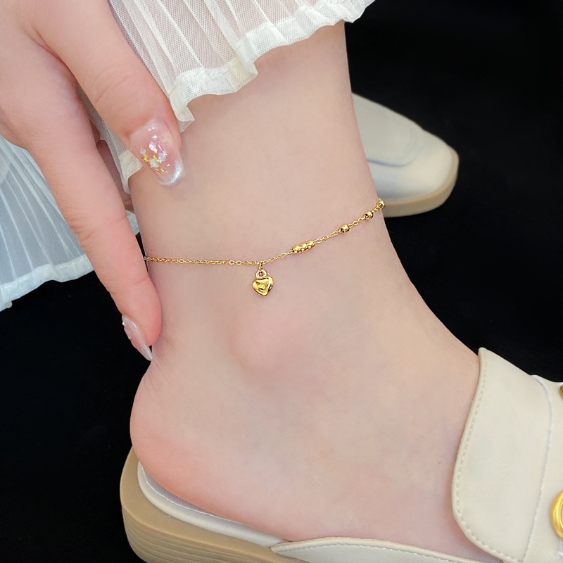 Minimalist 18K Gold Bead & Heart Charm Anklet – 316L Stainless Steel PVD Plated