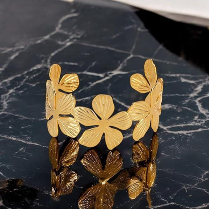 Gold Flower Cuff Bangle – Handmade Brass Open Bracelet