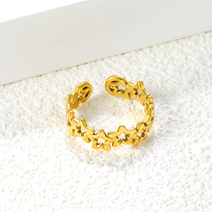18K Gold Plated Hollow Star Chain Open Ring | Adjustable Stainless Steel | Women