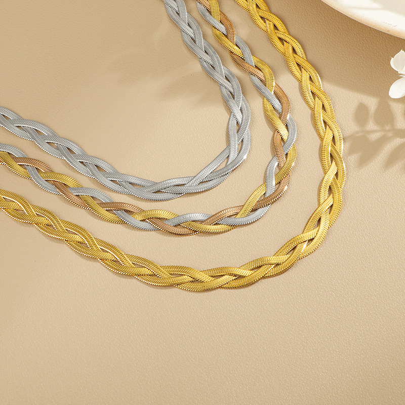 18K Gold Plated Stainless Steel Braided Herringbone Chain Necklace for Women