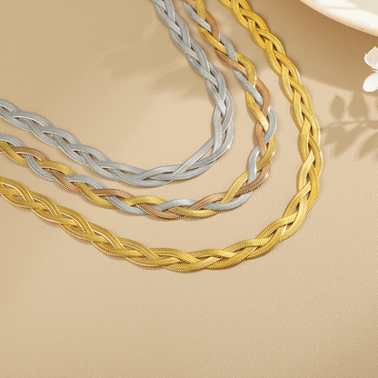 18K Gold Plated Stainless Steel Braided Herringbone Chain Necklace for Women
