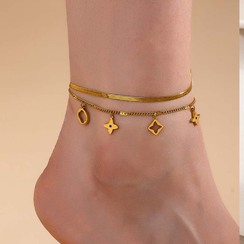 Layered Snake Chain Bracelet with Star & Clover Charms | 18K Gold Plated Stainless Steel